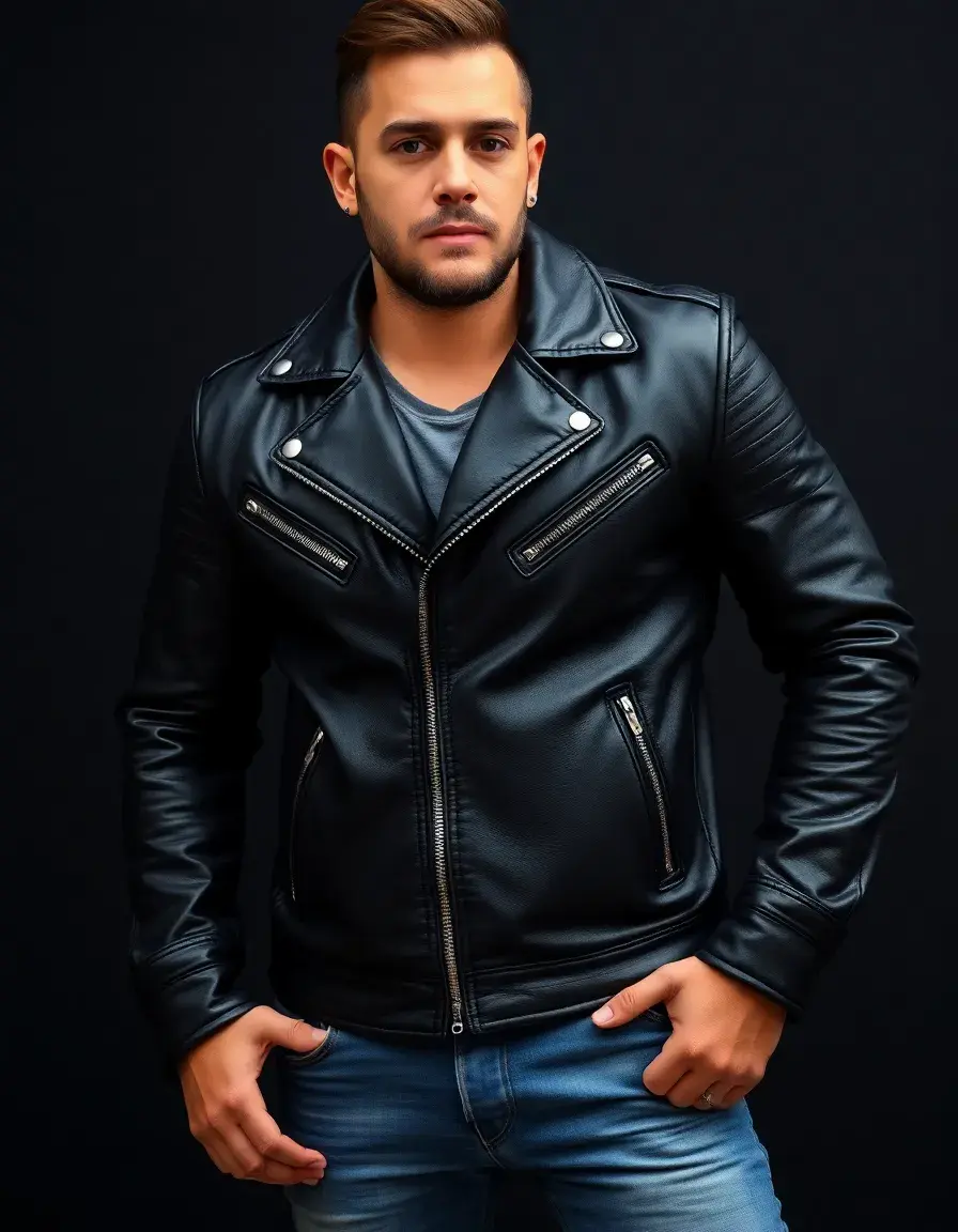 Men's black biker leather jacket, tough pose