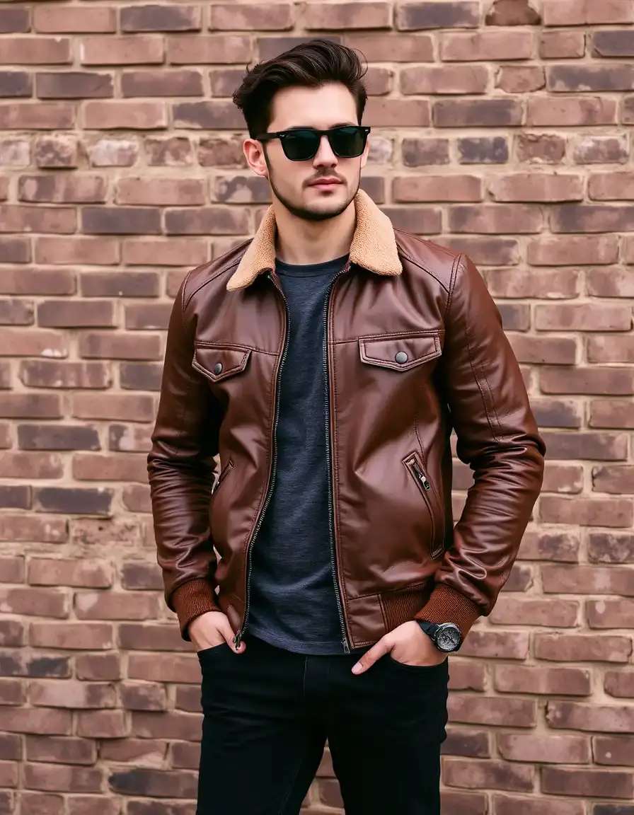 Men's brown bomber leather jacket, casual