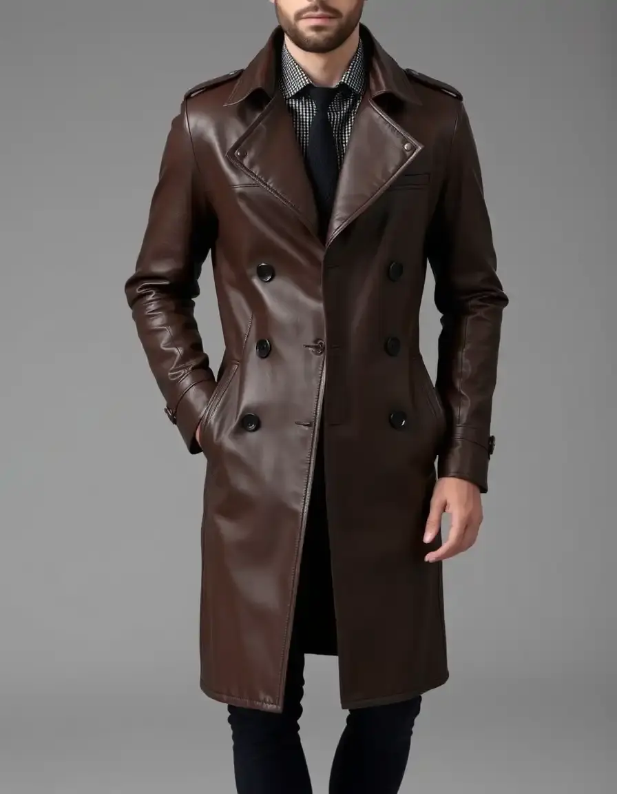 Men's long trench leather jacket, formal