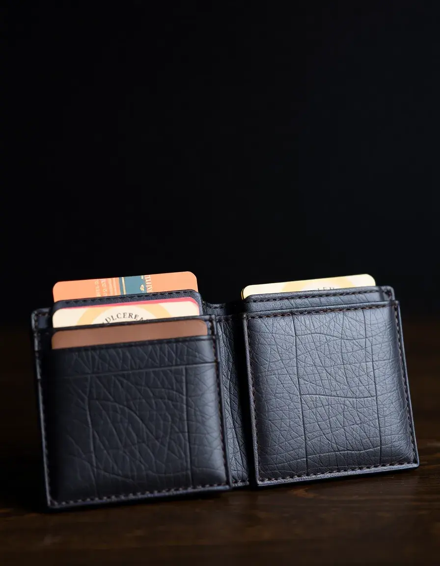 Black genuine leather wallet open showing card slots