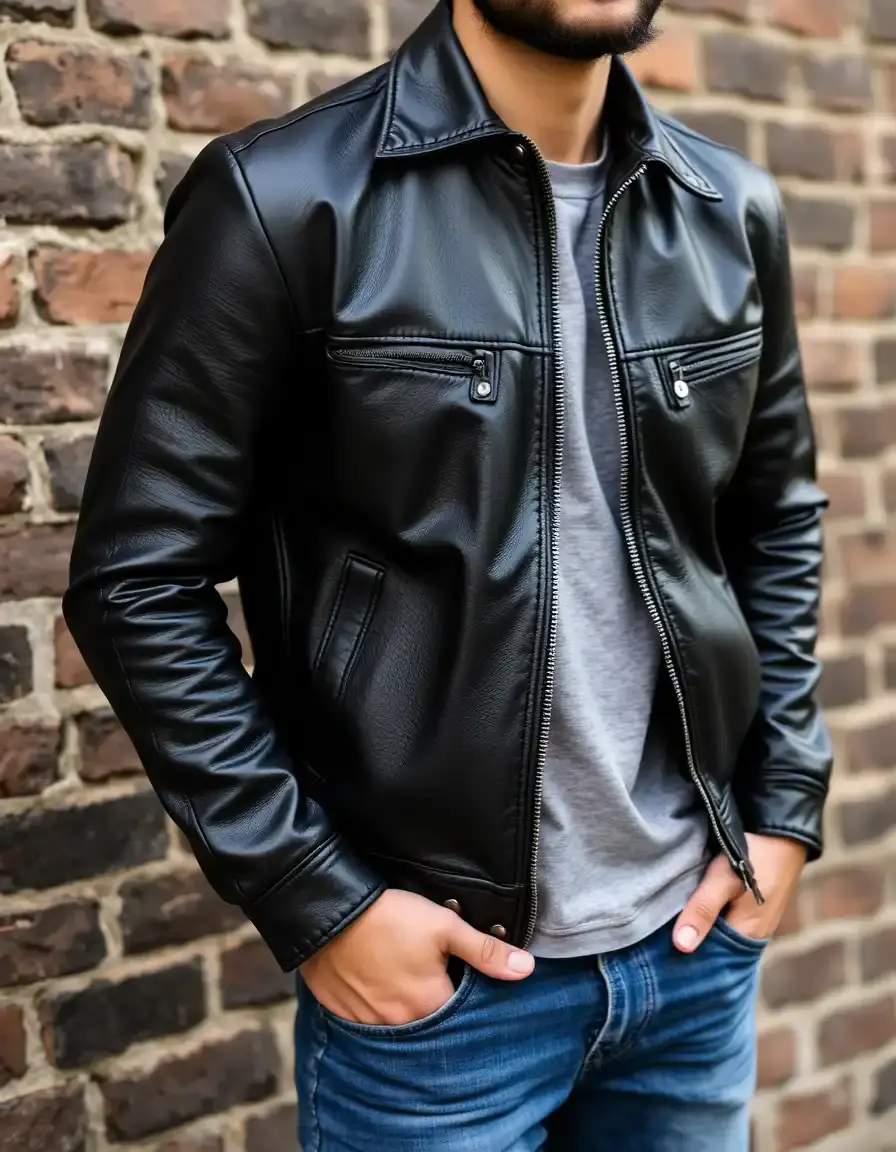 Classic black men's leather jacket showing high-quality grain texture