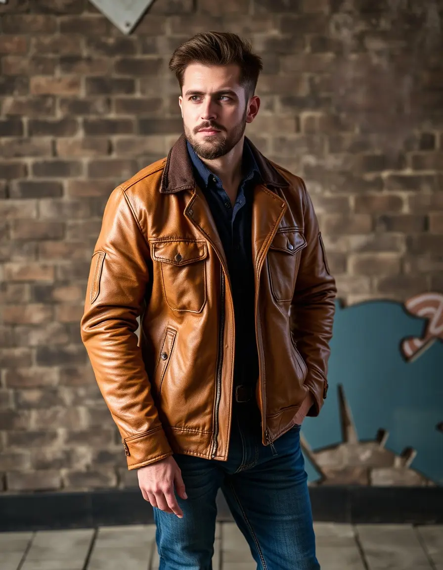 Tan vintage men's leather jacket