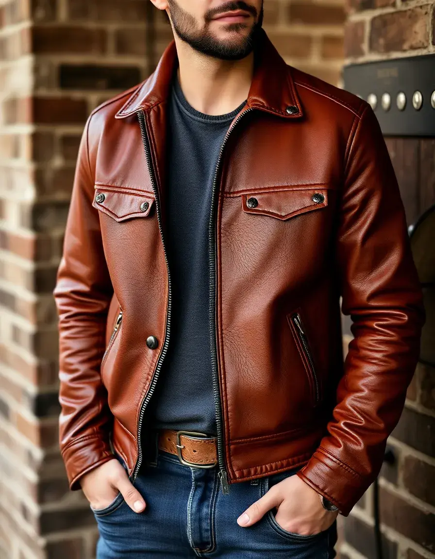 Brown aviator men's leather jacket with fur collar detail