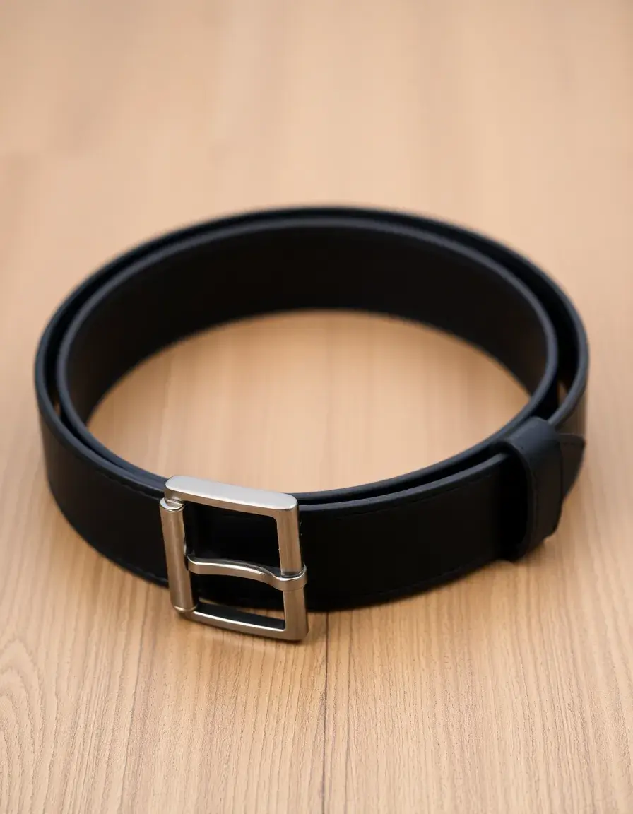 Black casual mens leather belt with silver buckle