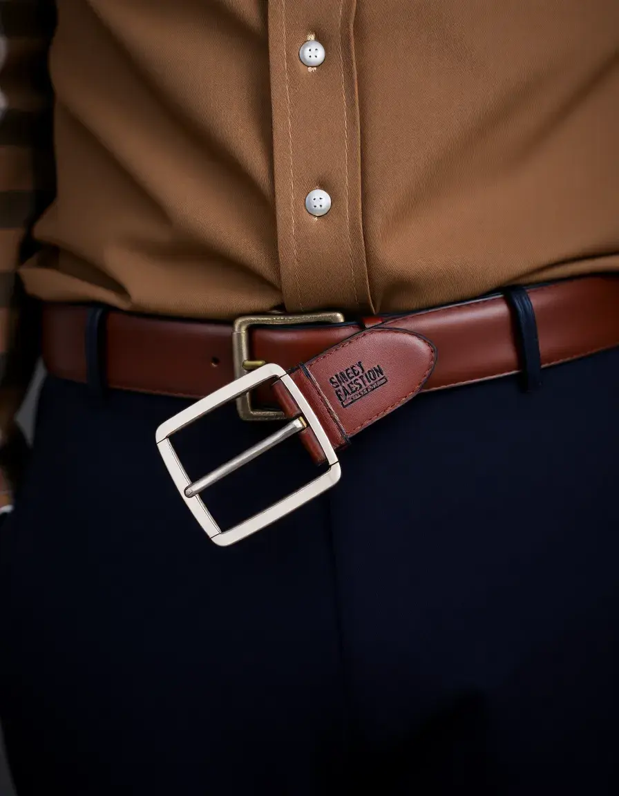 Brown formal mens leather belt with polished buckle