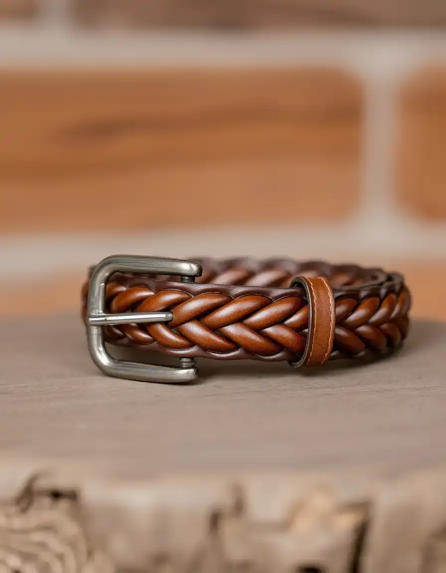 Brown braided mens leather belt
