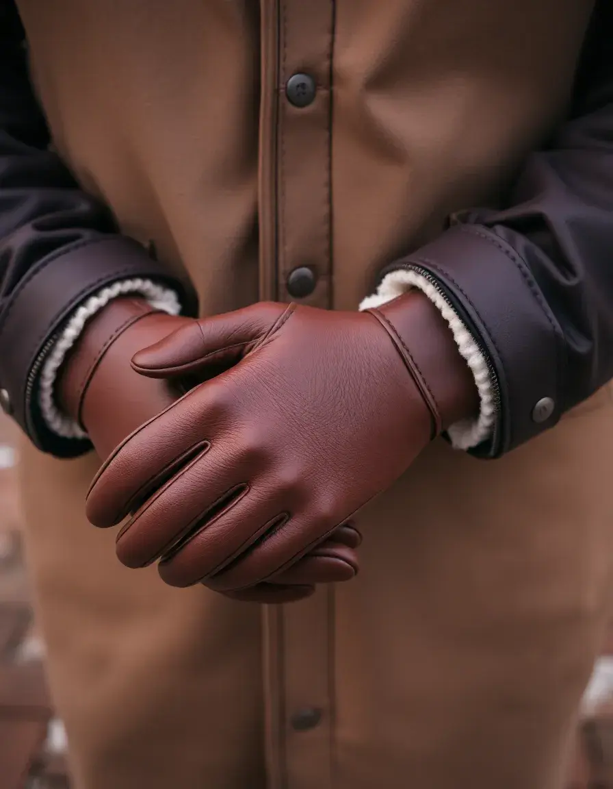 Brown winter lined mens leather gloves