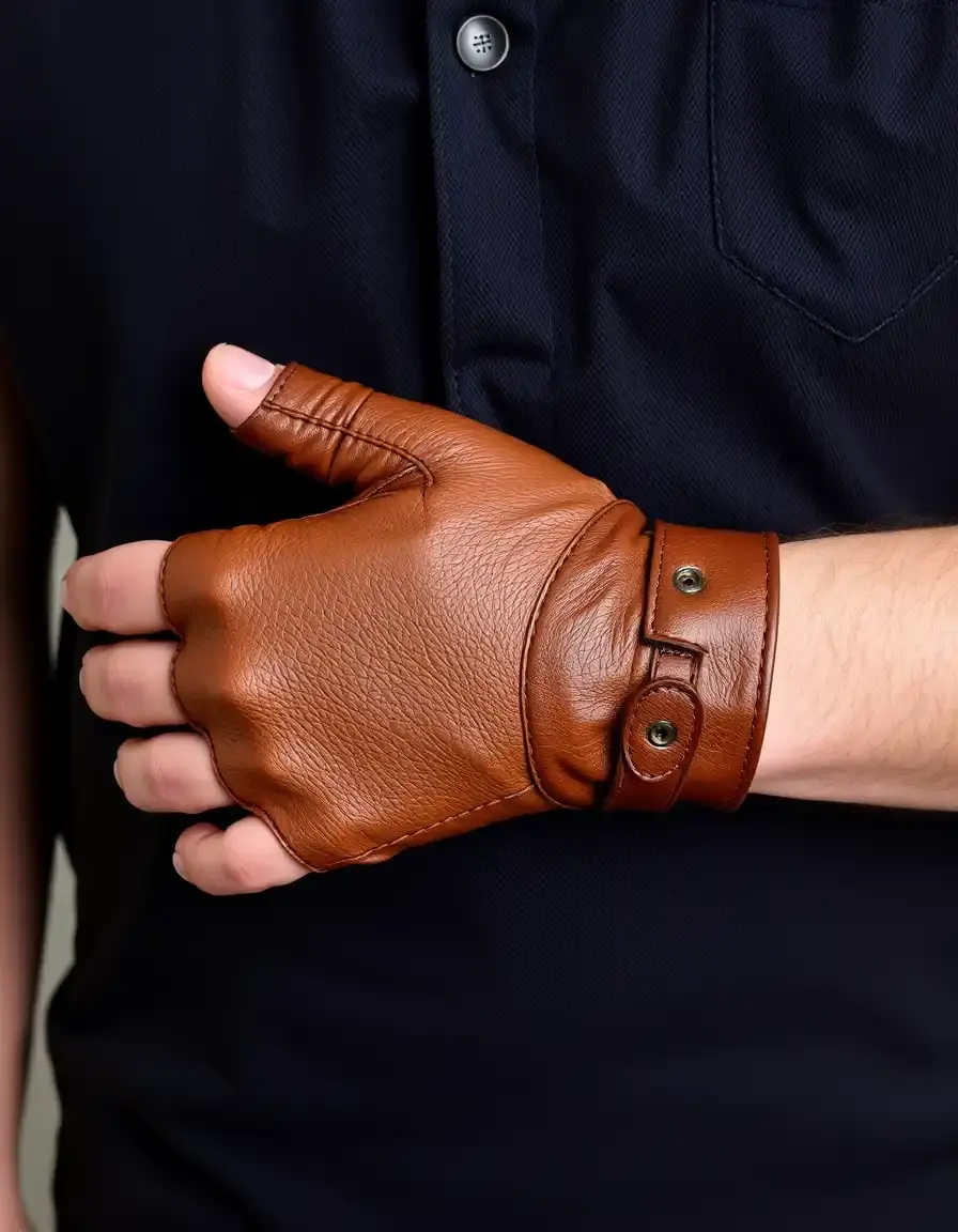Brown fingerless mens leather gloves