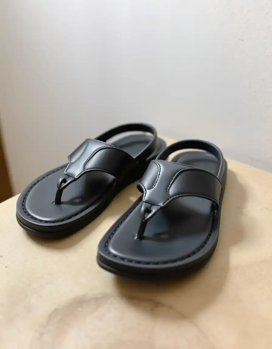 Close up of black flip flop mens leather sandals showing grain texture