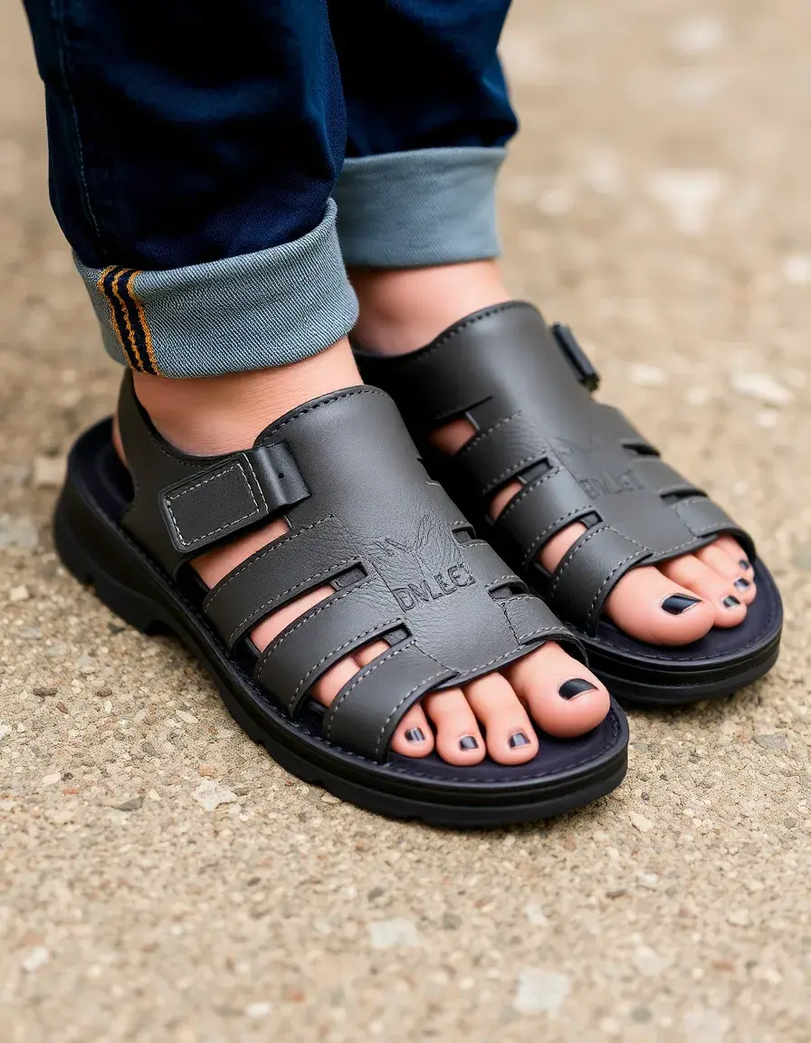 Gray closed toe mens leather sandals