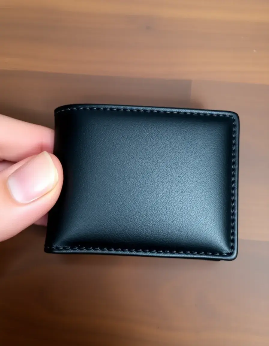 Close-up of a high-quality black leather bifold wallet