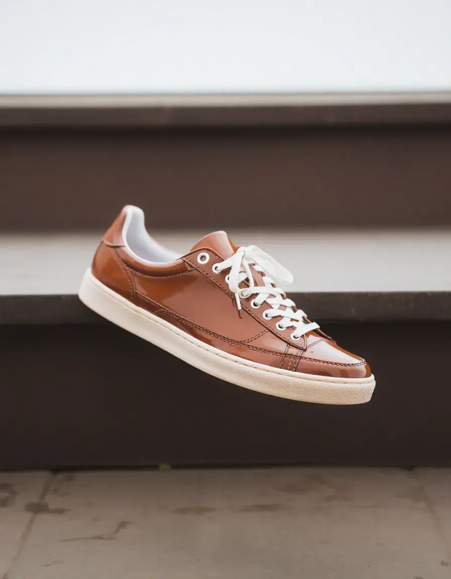 Brown sneaker style patent leather shoes for casual luxury