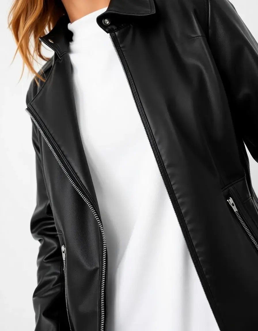 Black polyurethane leather jacket with silver hardware