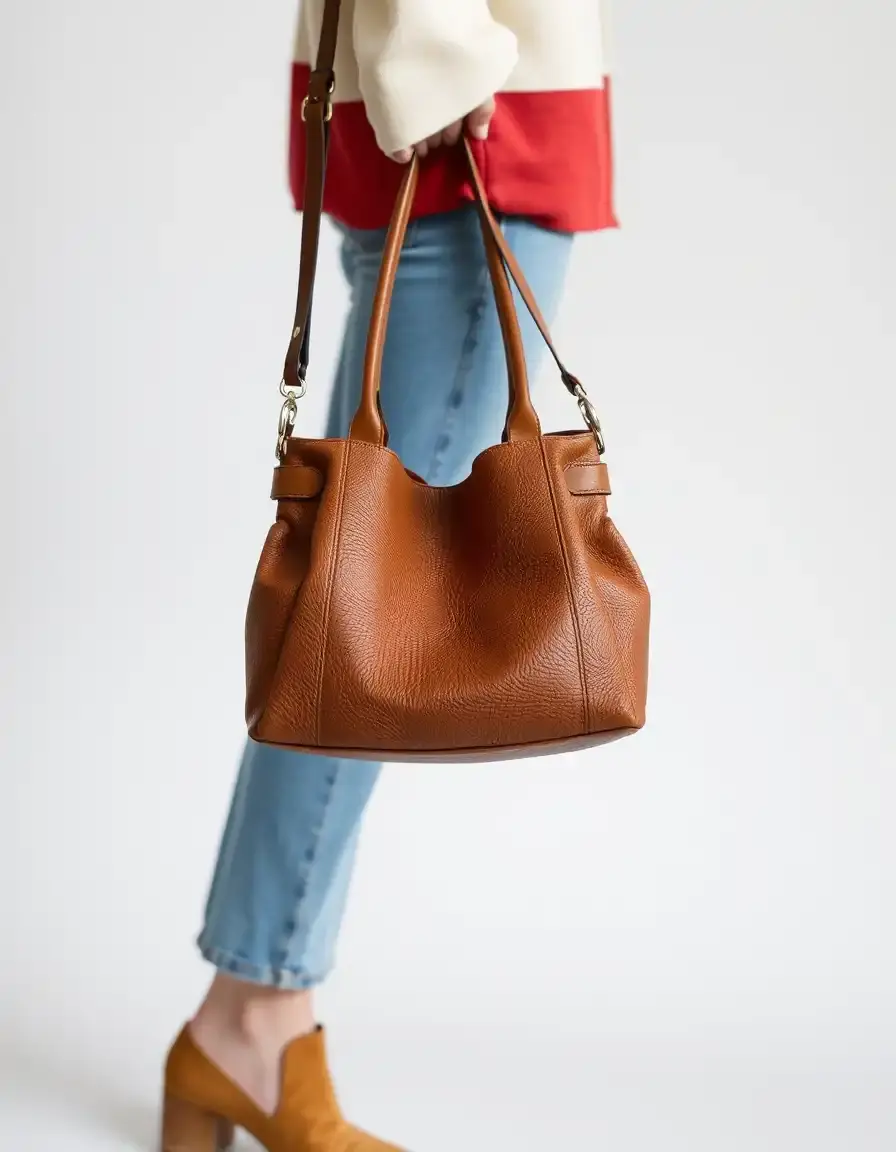 Brown polyurethane leather bag with gold accents
