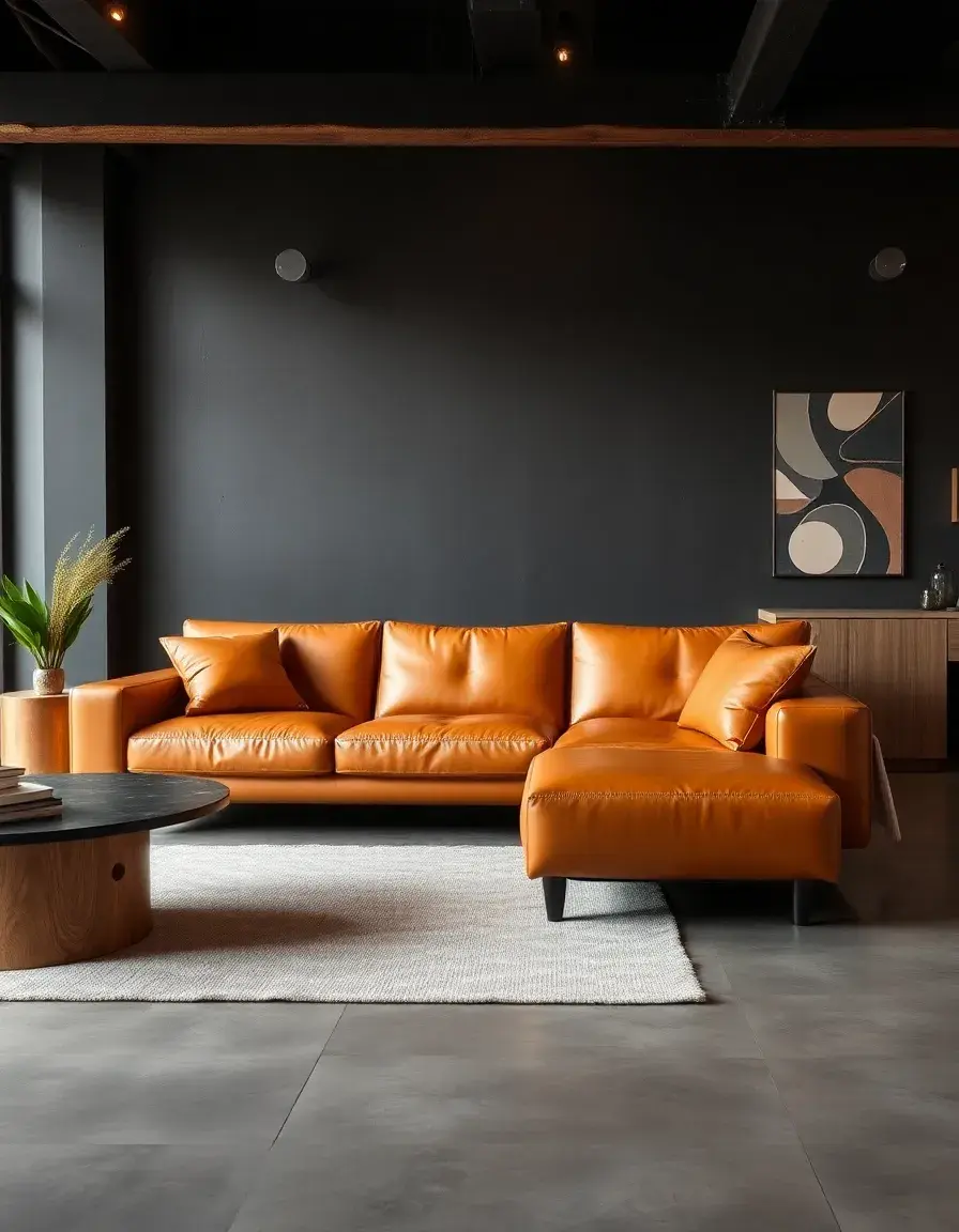 Tan polyurethane leather sofa in a modern living room