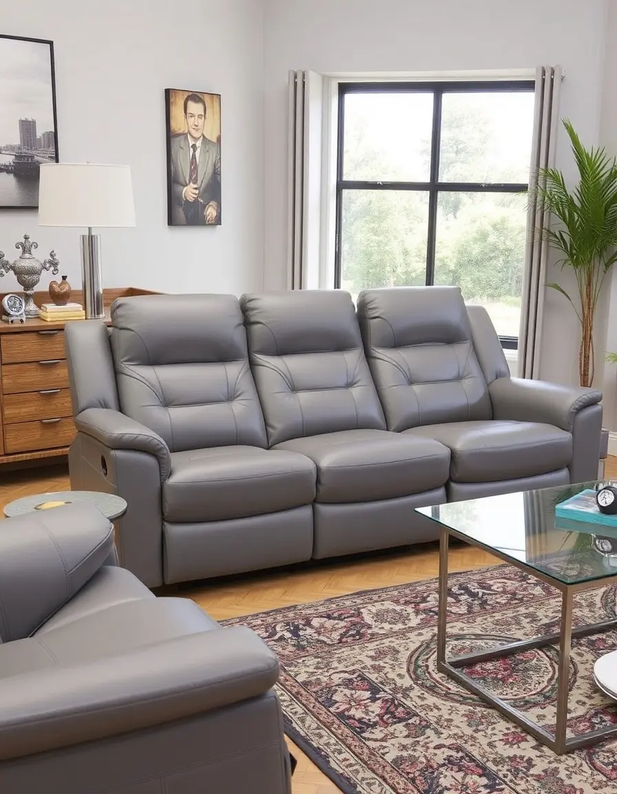 Gray 3-seater reclining leather sofa