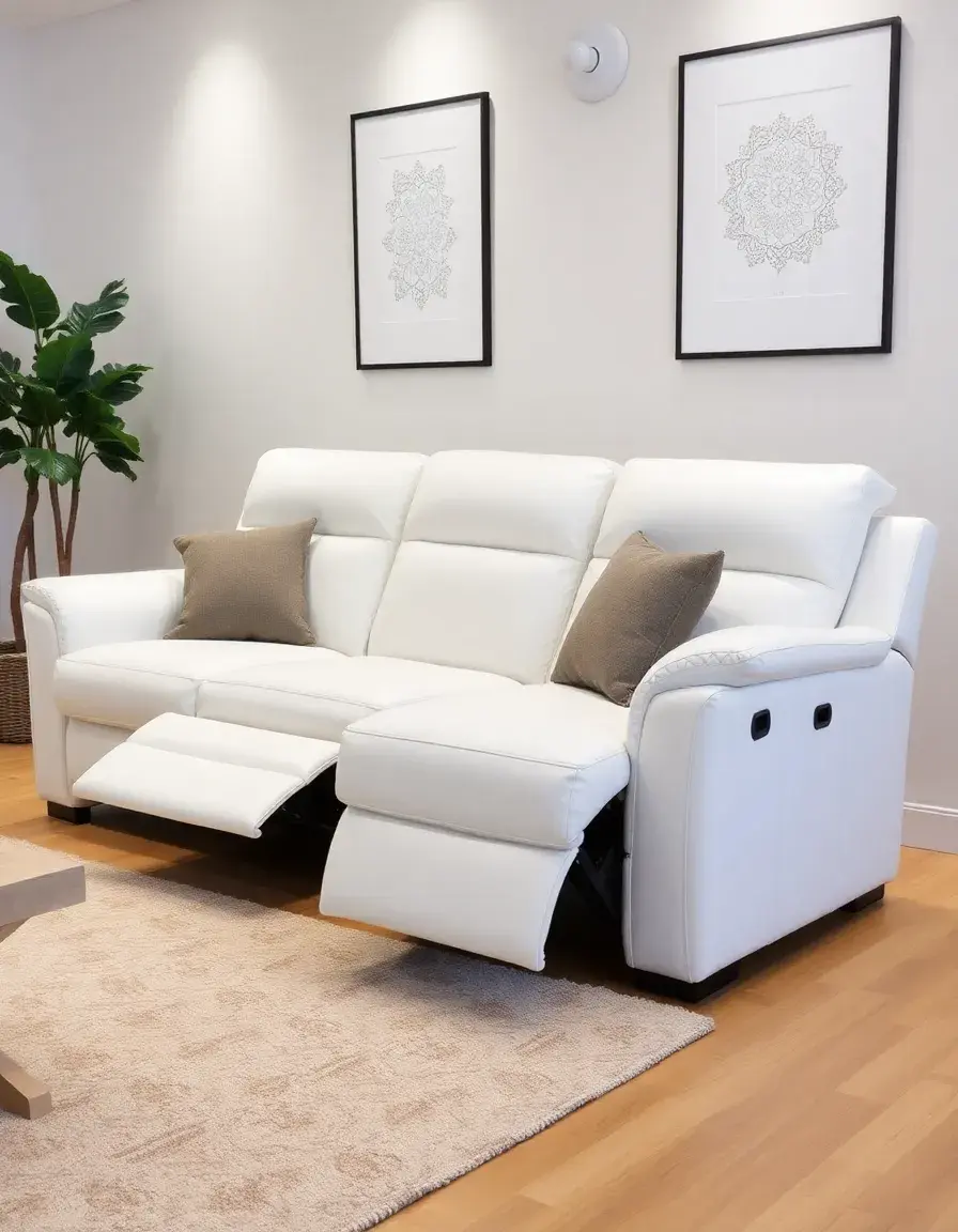 White heated reclining leather sofa