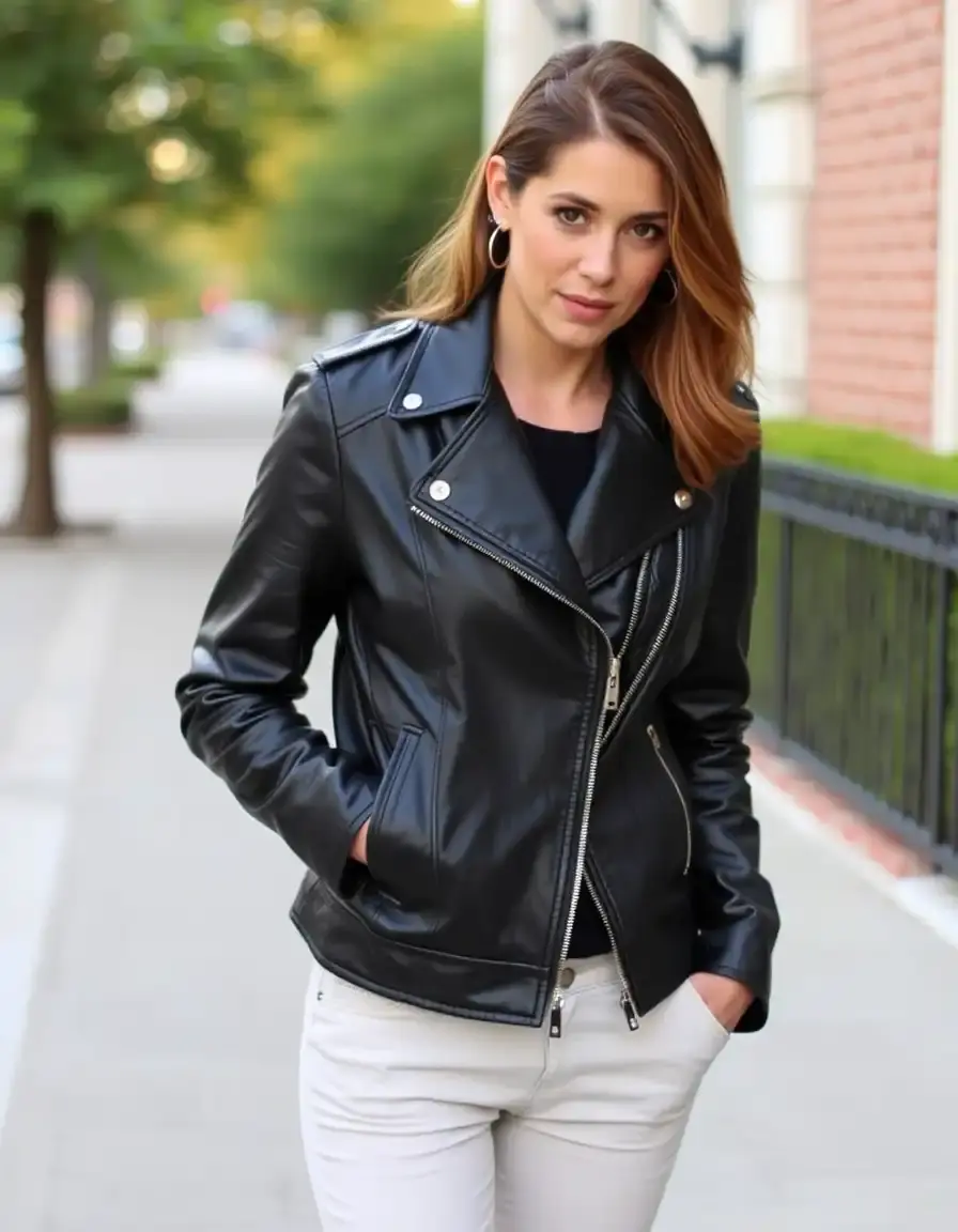 Black faux leather jacket example showing a modern, edgy silhouette