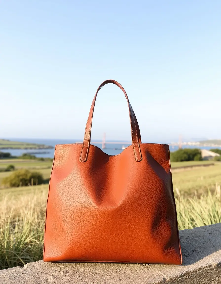 Brown faux leather tote bag with clean stitching