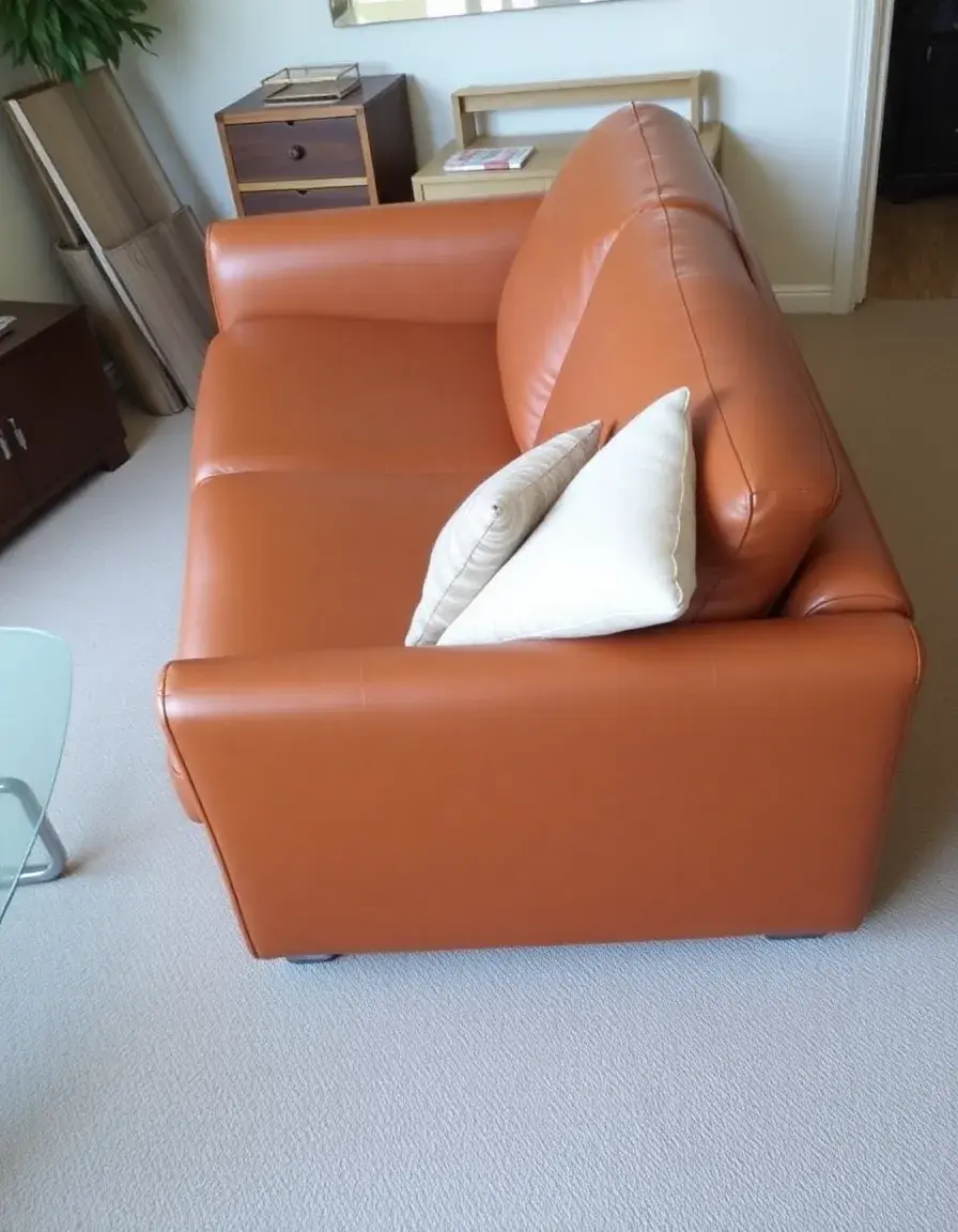 Tan faux leather sofa in a modern living room