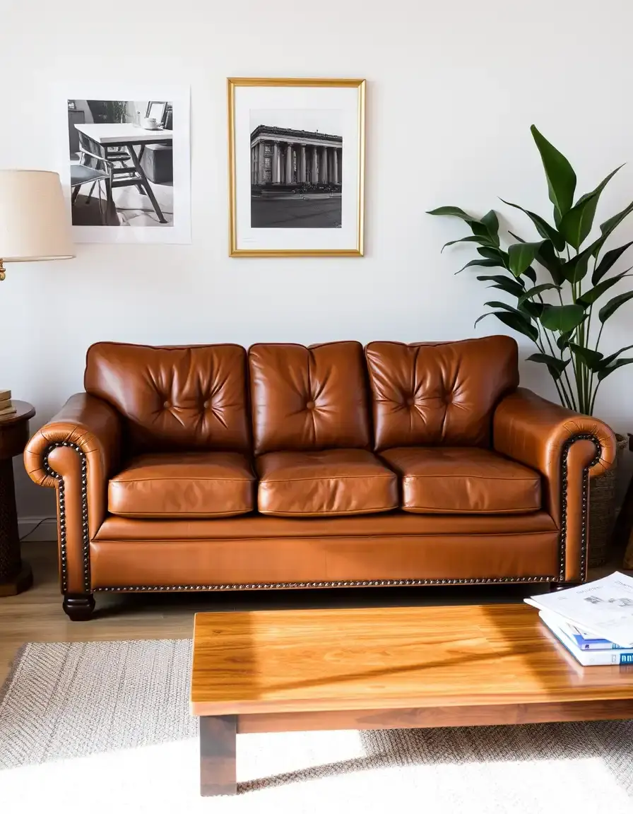 Brown 3-seater leather couch in a modern living room