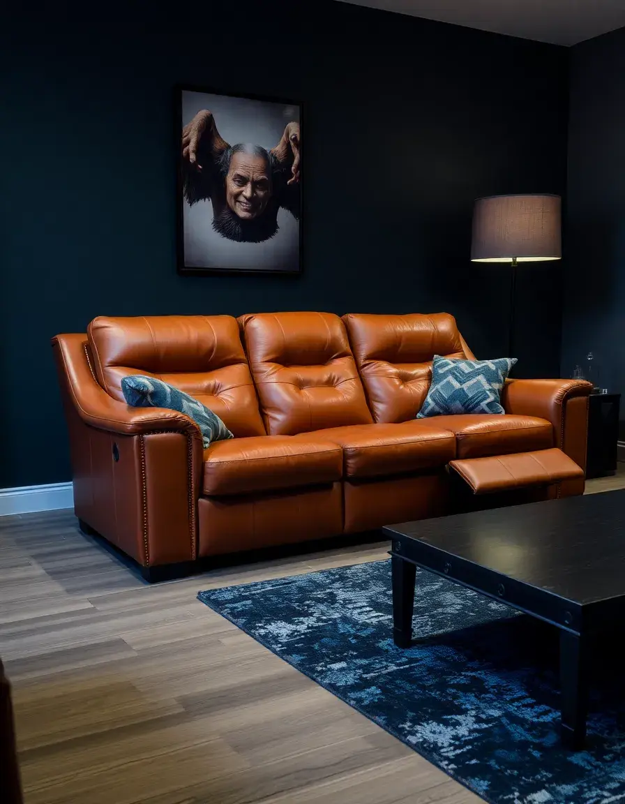 Tan reclining leather couch with modern mechanism