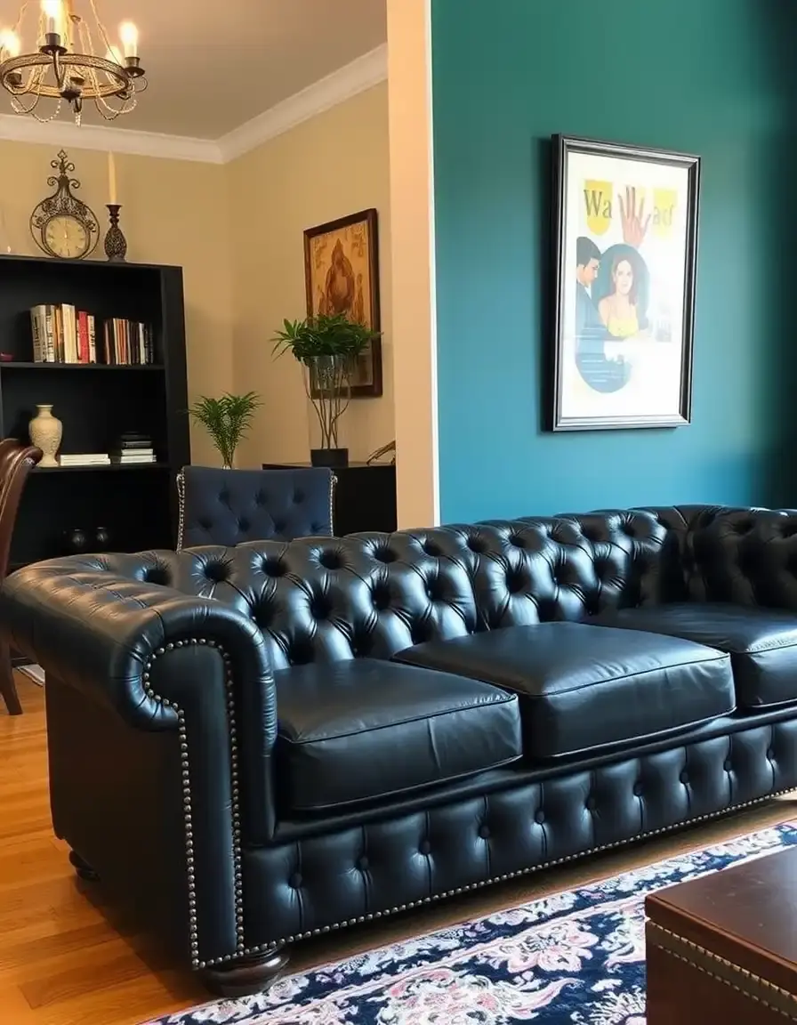 Black tufted leather couch