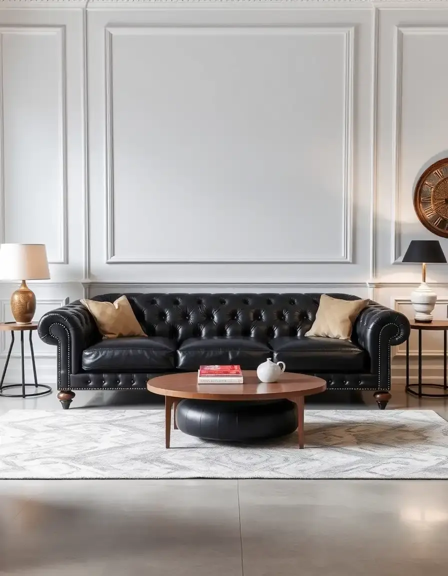 Black classic leather sofa in a modern living room