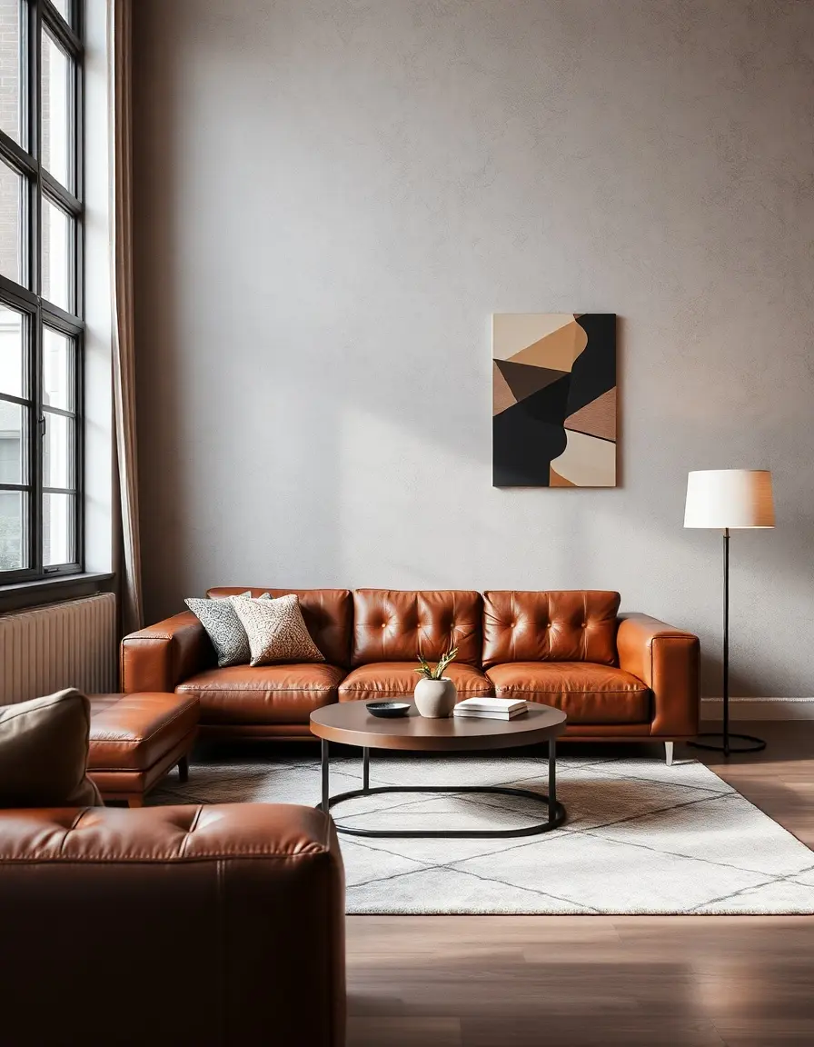 Brown contemporary leather sofa against a white wall