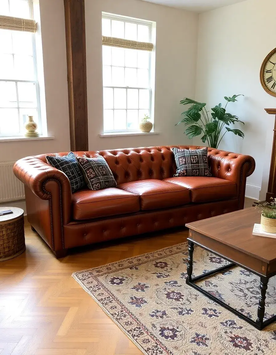 Tan Chesterfield leather sofa with deep tufting
