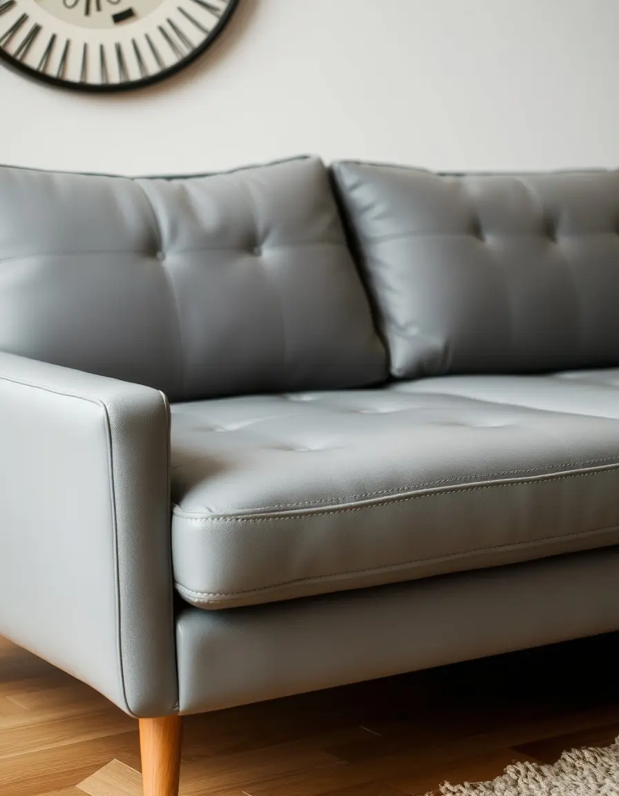 Gray mid-century leather sofa with wooden legs