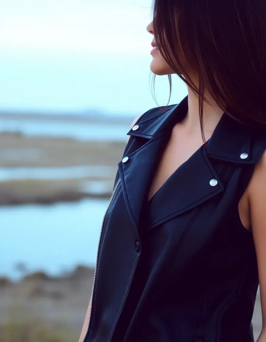 Black leather vest layered women