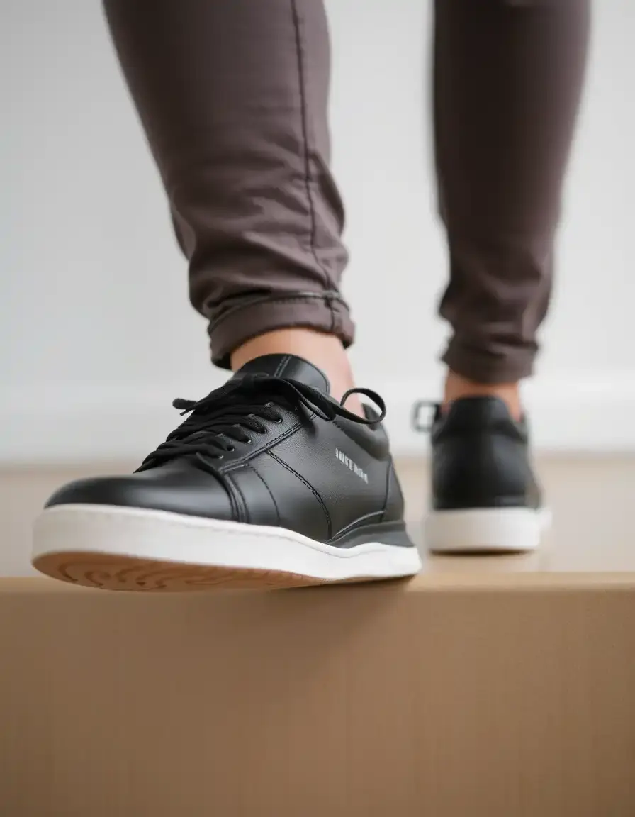 Black casual leather trainers laced on a clean background