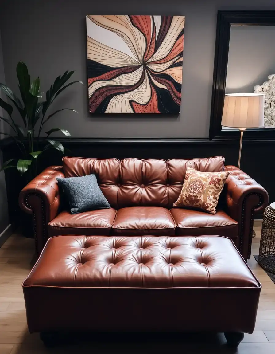 3-seater brown leather sofa cozy in a bright living room