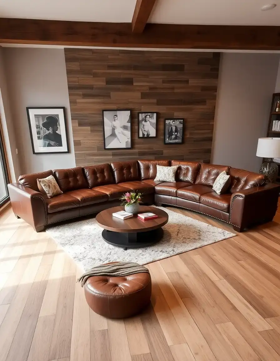 L-shaped brown leather sectional sofa