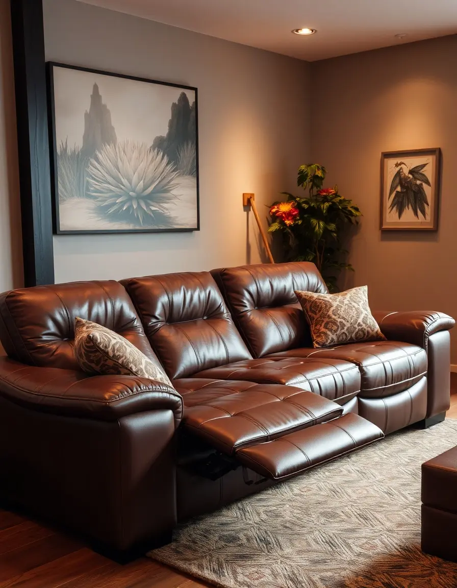 Reclining brown leather sofa extended for comfort