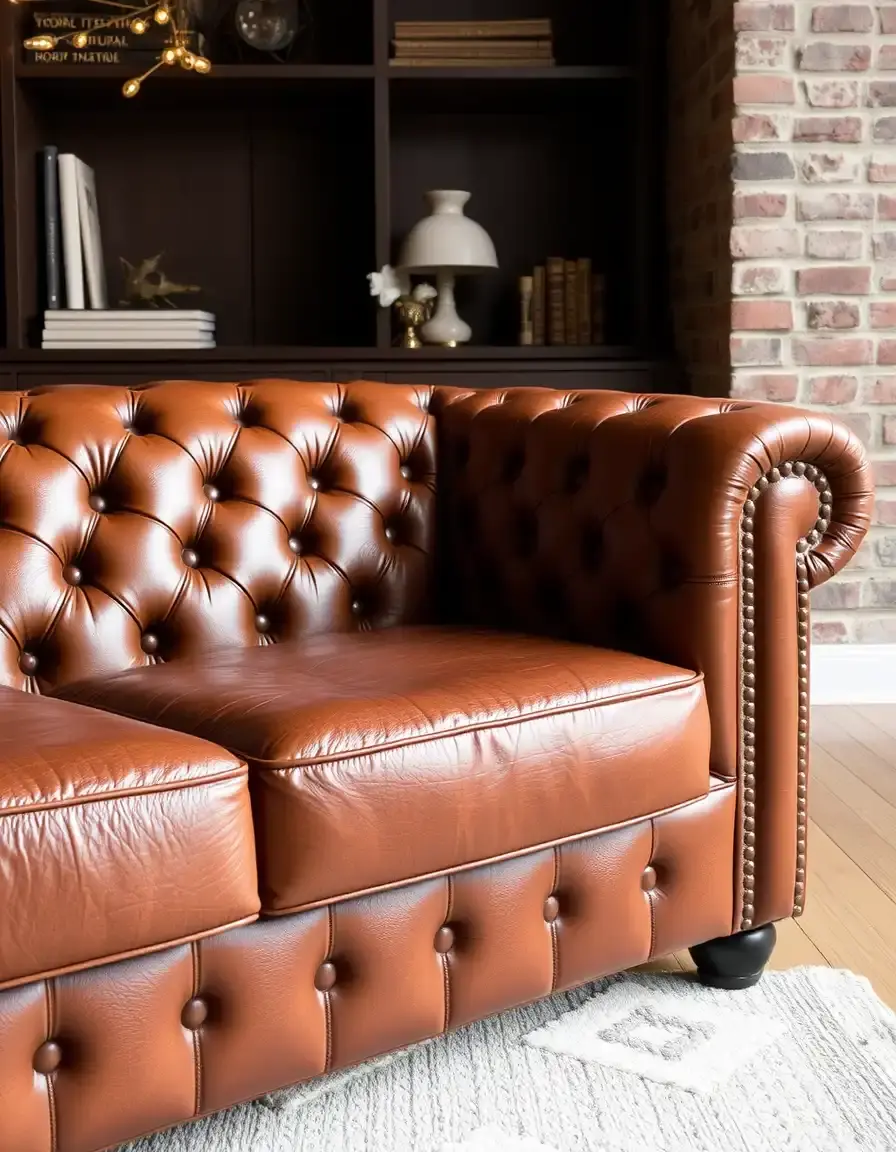 Tufted button brown leather sofa close up