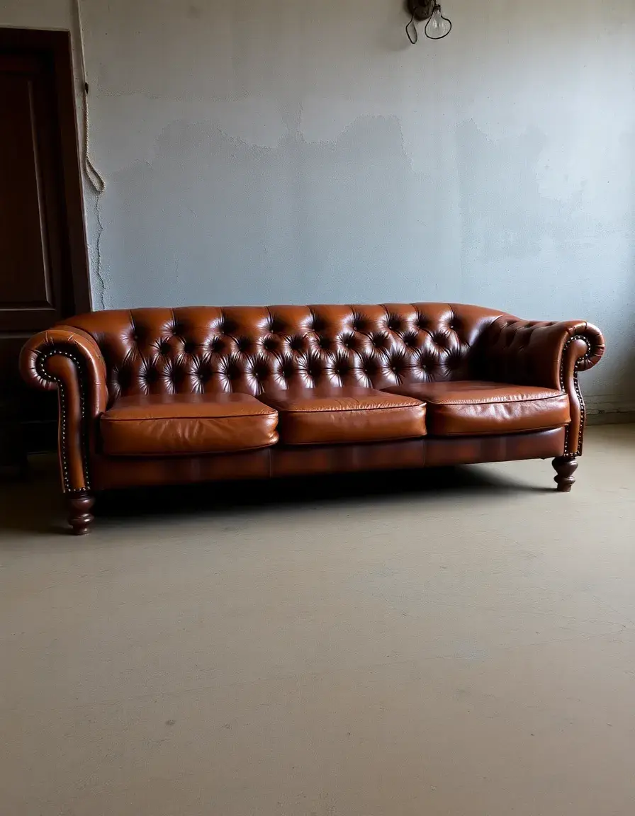 Distressed vintage brown leather sofa with patina