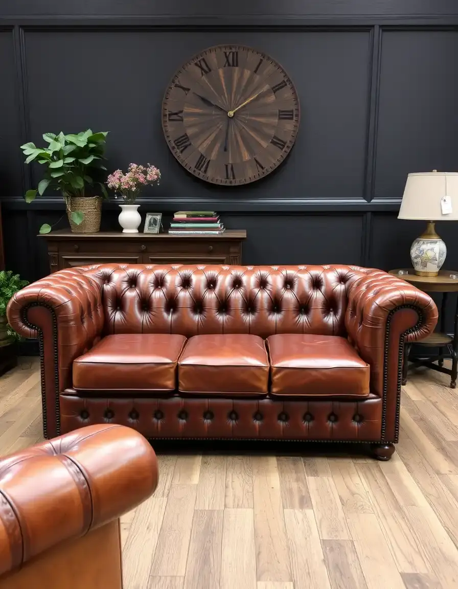 Chesterfield style brown leather sofa with rolled arms