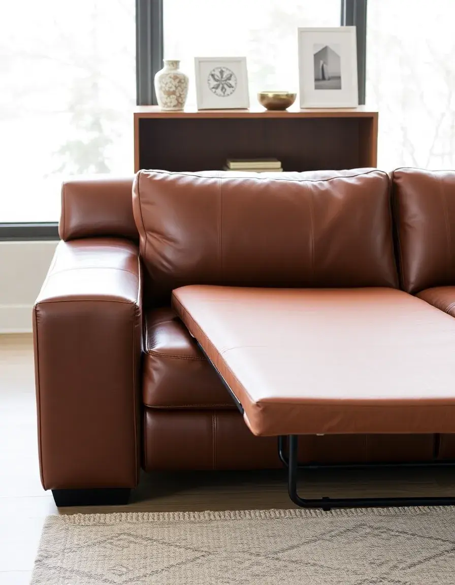 Pull-out sleeper brown leather sofa bed