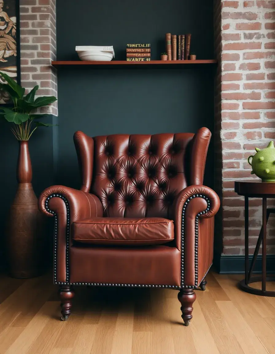 Brown wingback leather armchair in a traditional setting