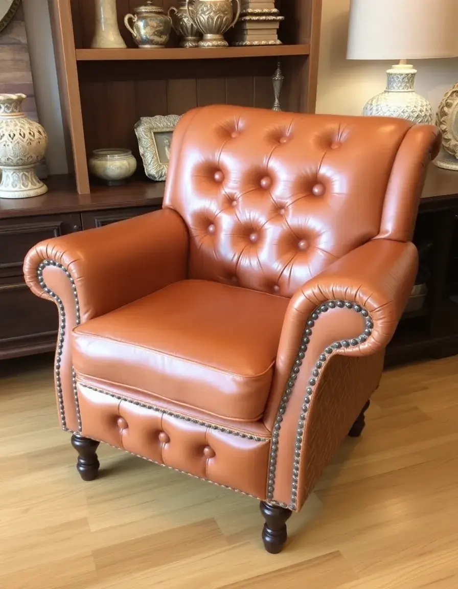 Tan accent leather armchair with unique pattern