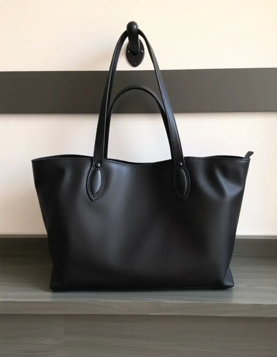 Large black tote leather handbag on a neutral background
