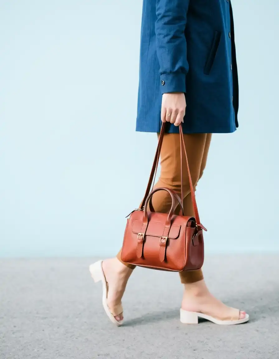 Brown satchel leather handbag with flap closure