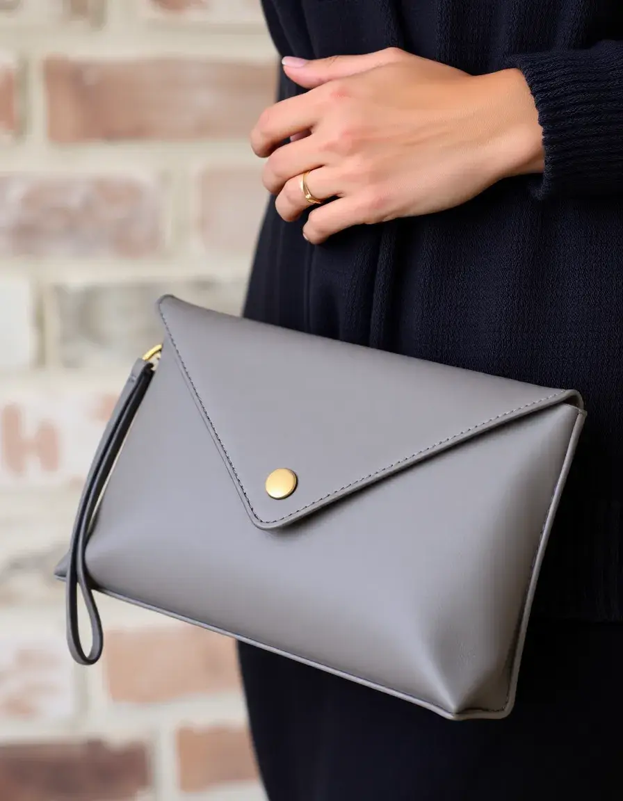 Gray clutch leather handbag