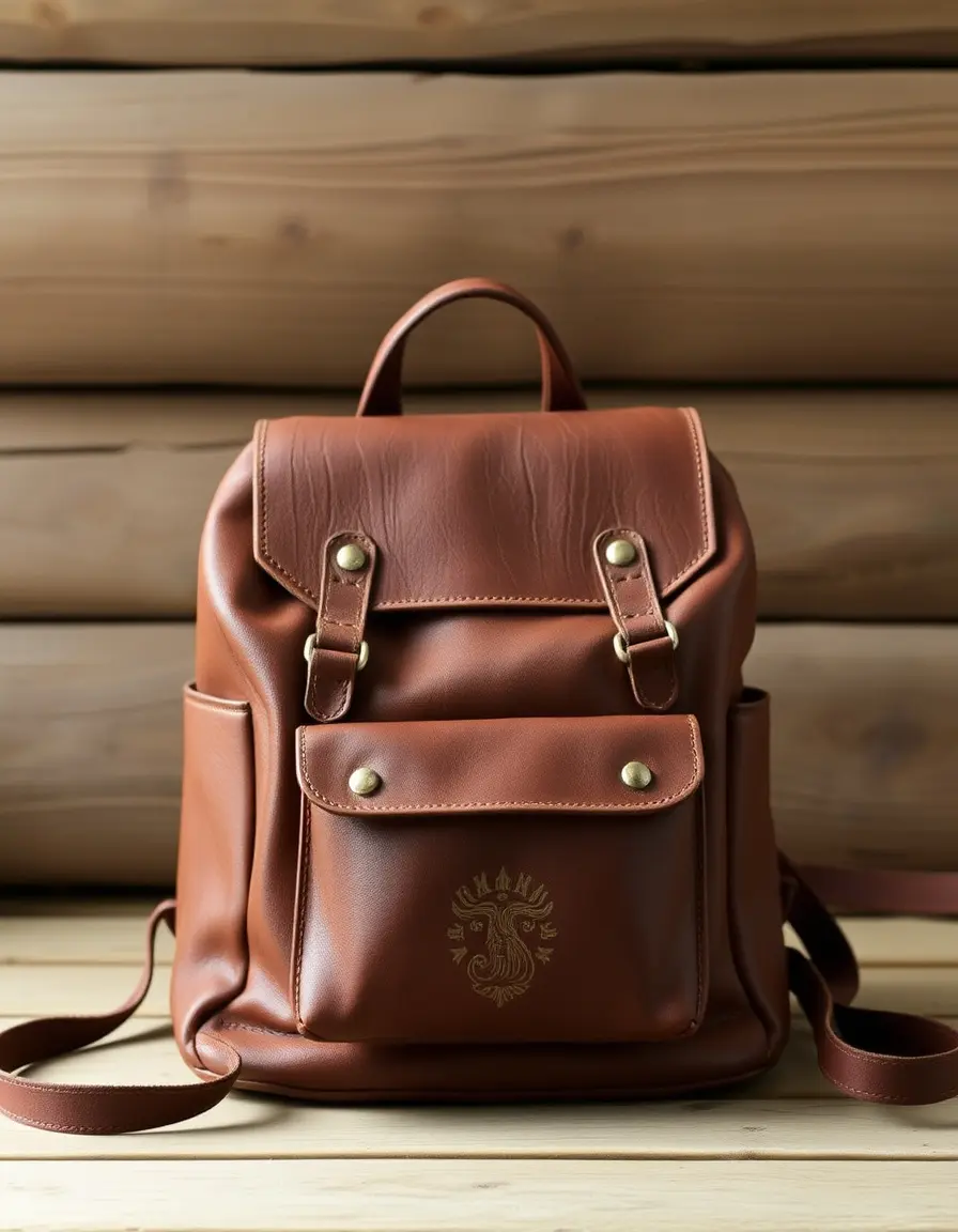 Close-up of a vintage leather knapsack showing natural grain and rich brown patina