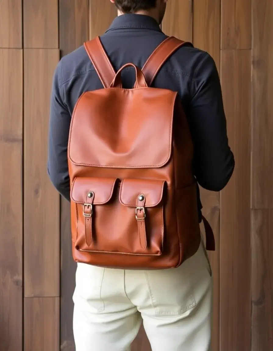 Tan large capacity leather knapsack