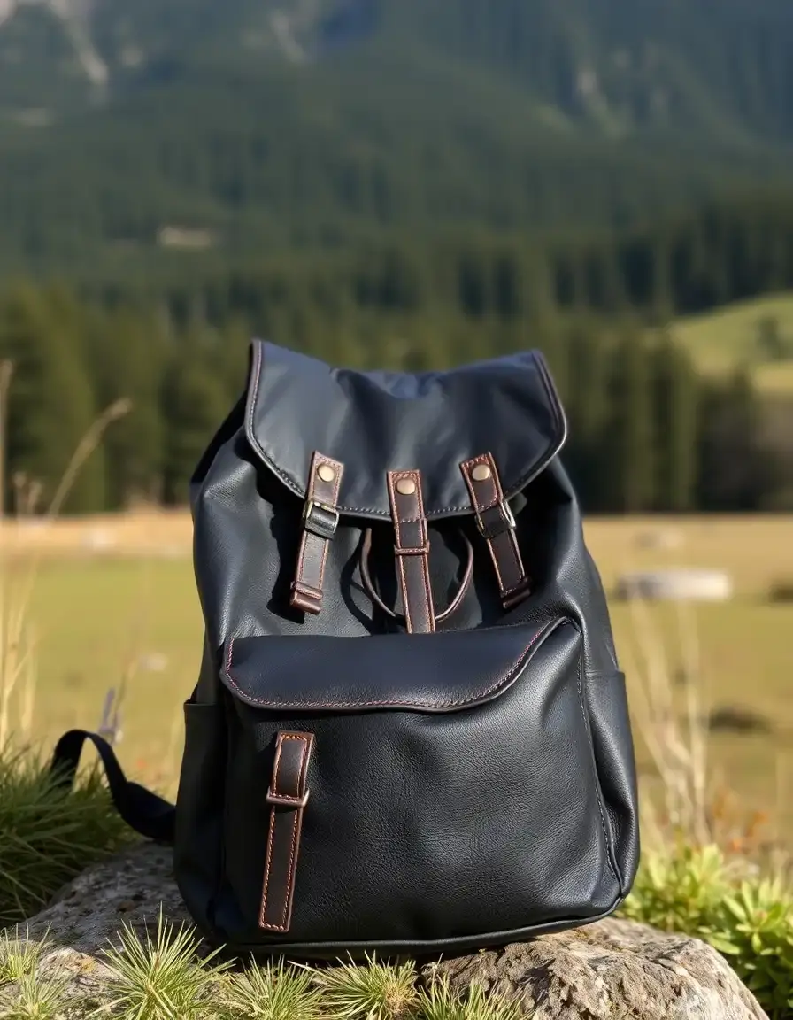 Black waterproof leather knapsack