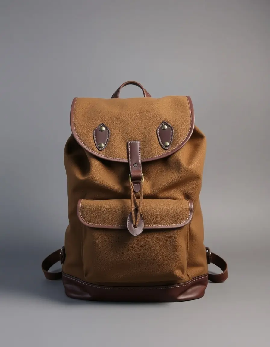 Brown canvas trimmed leather knapsack
