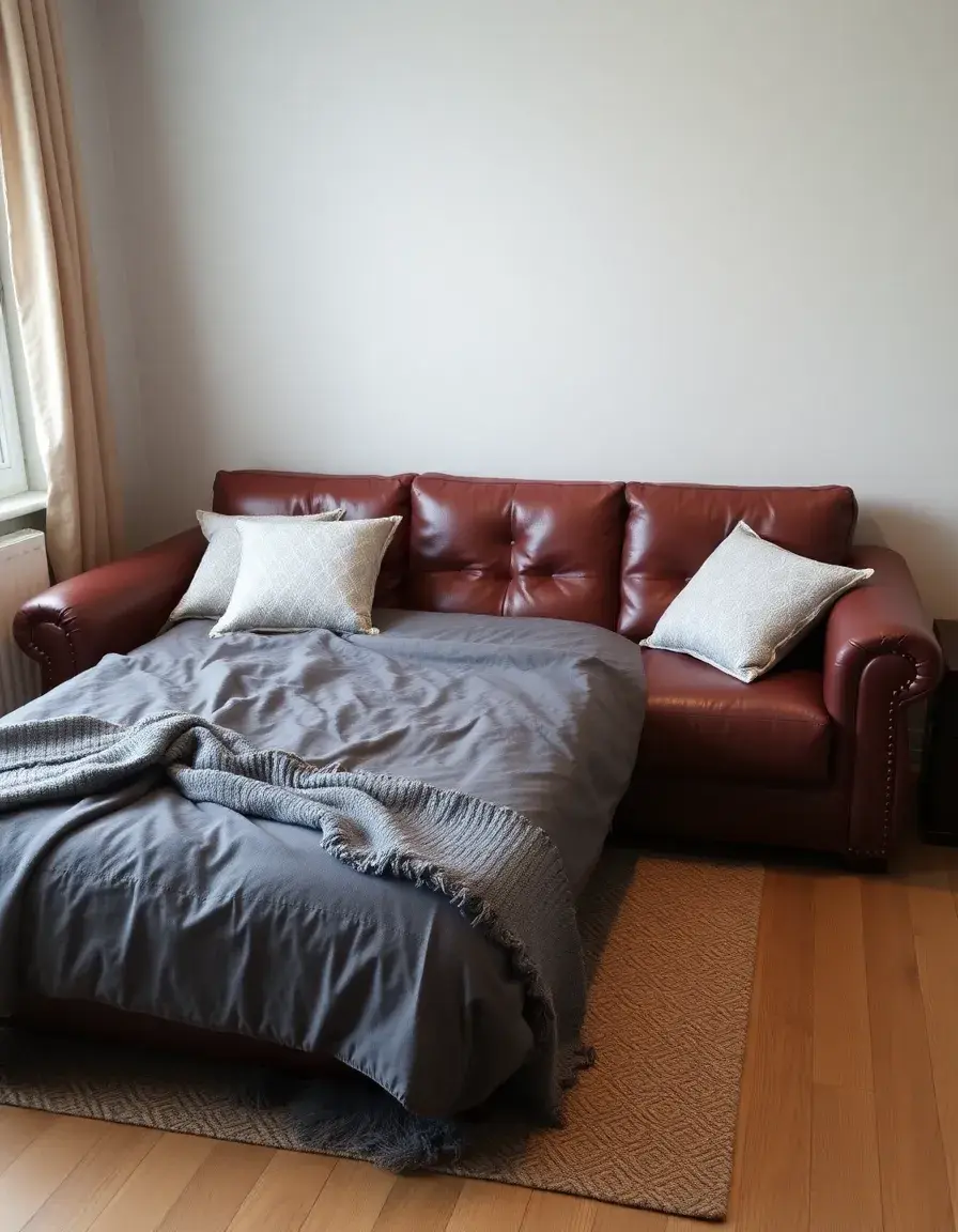 Brown queen leather sofa bed folded